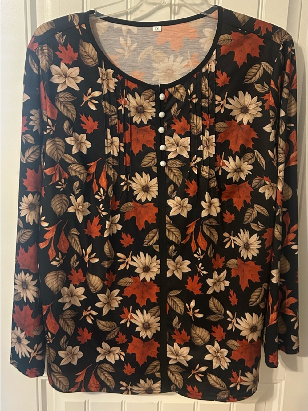 Black Long-Sleeve Floral & Leaf Button Front Top - Fall Print